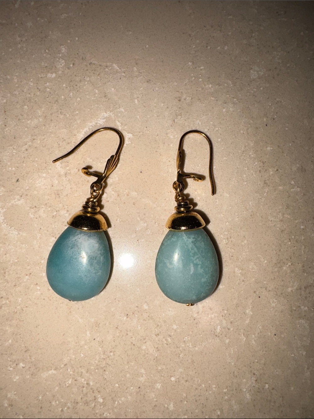 Gold & Aqua Teardrop Stone Dangle Earrings
